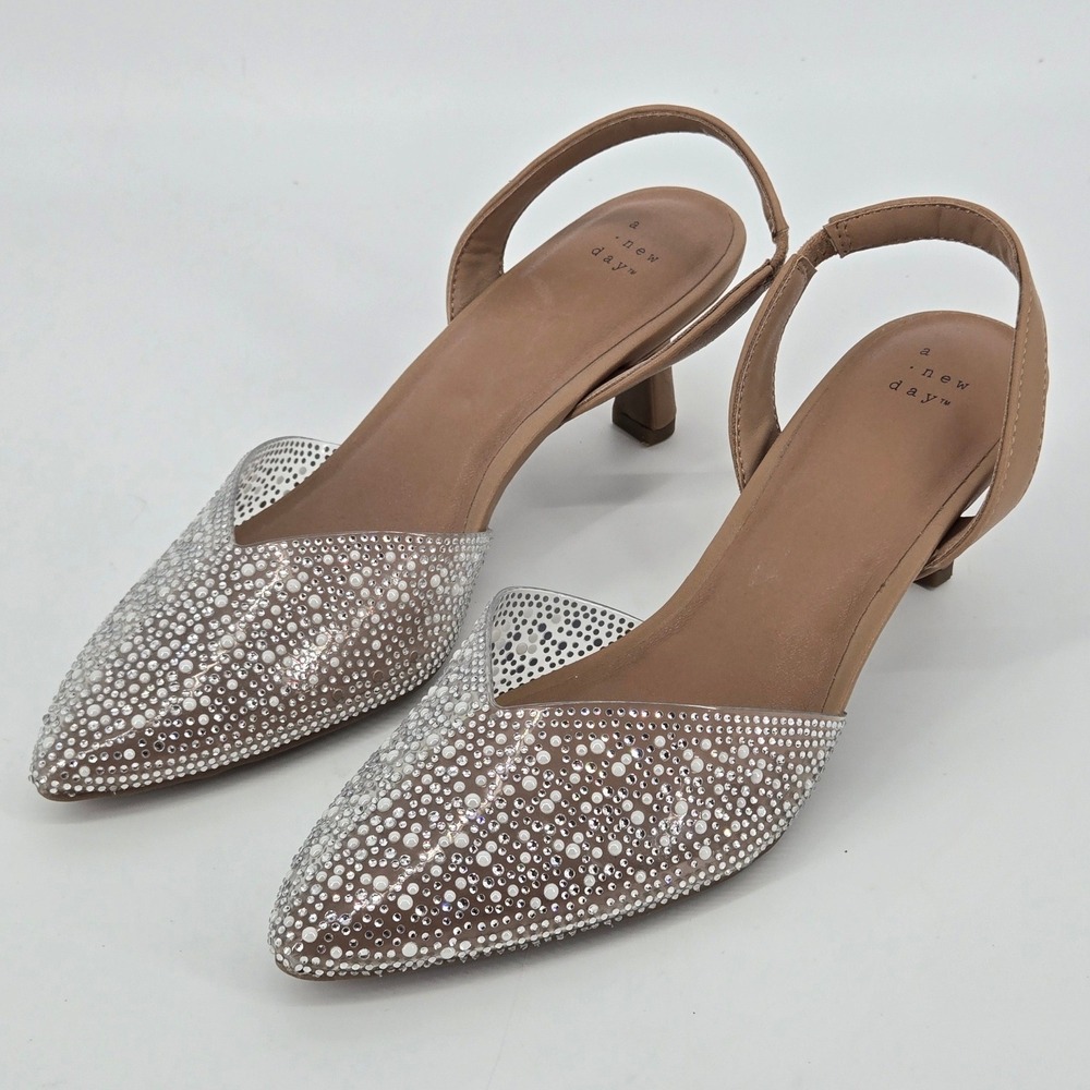 A New Day Rhinestone Mesh Slingback Kitten Heels Nude Neutral Wedding Prom 11